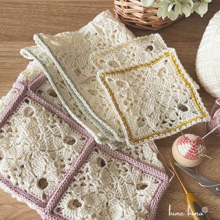 みかん★モチーフ★レース編み 四角モチーフを繋いでやっと作品になりました｜レース編み